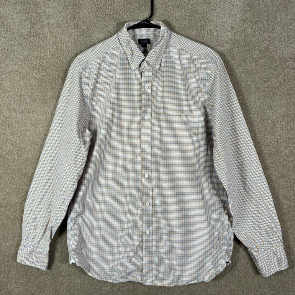 J. Crew Button Down Shirt‎ Mens Medium Orange Blue Gingham Plaid Cotton Office